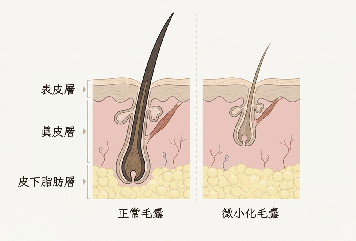 圖：正常毛囊 vs 微小化毛囊