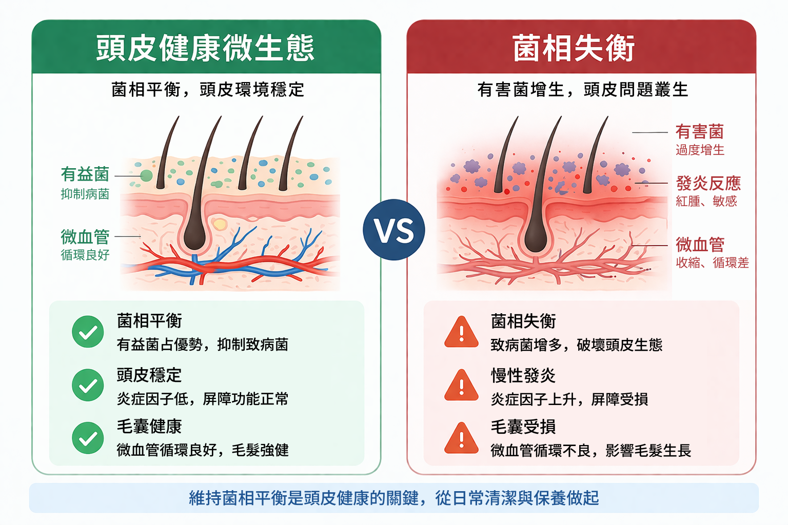 圖：頭皮健康微生態 vs. 菌相失衡的對比示意圖