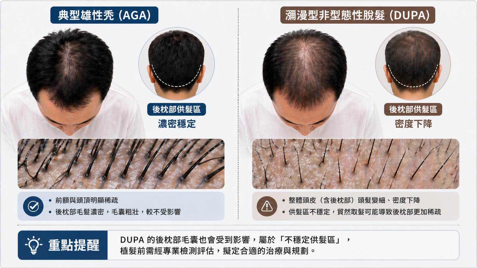 圖：典型雄性秃（AGA） vs. 瀰漫型非型態性脫髮（DUPA）