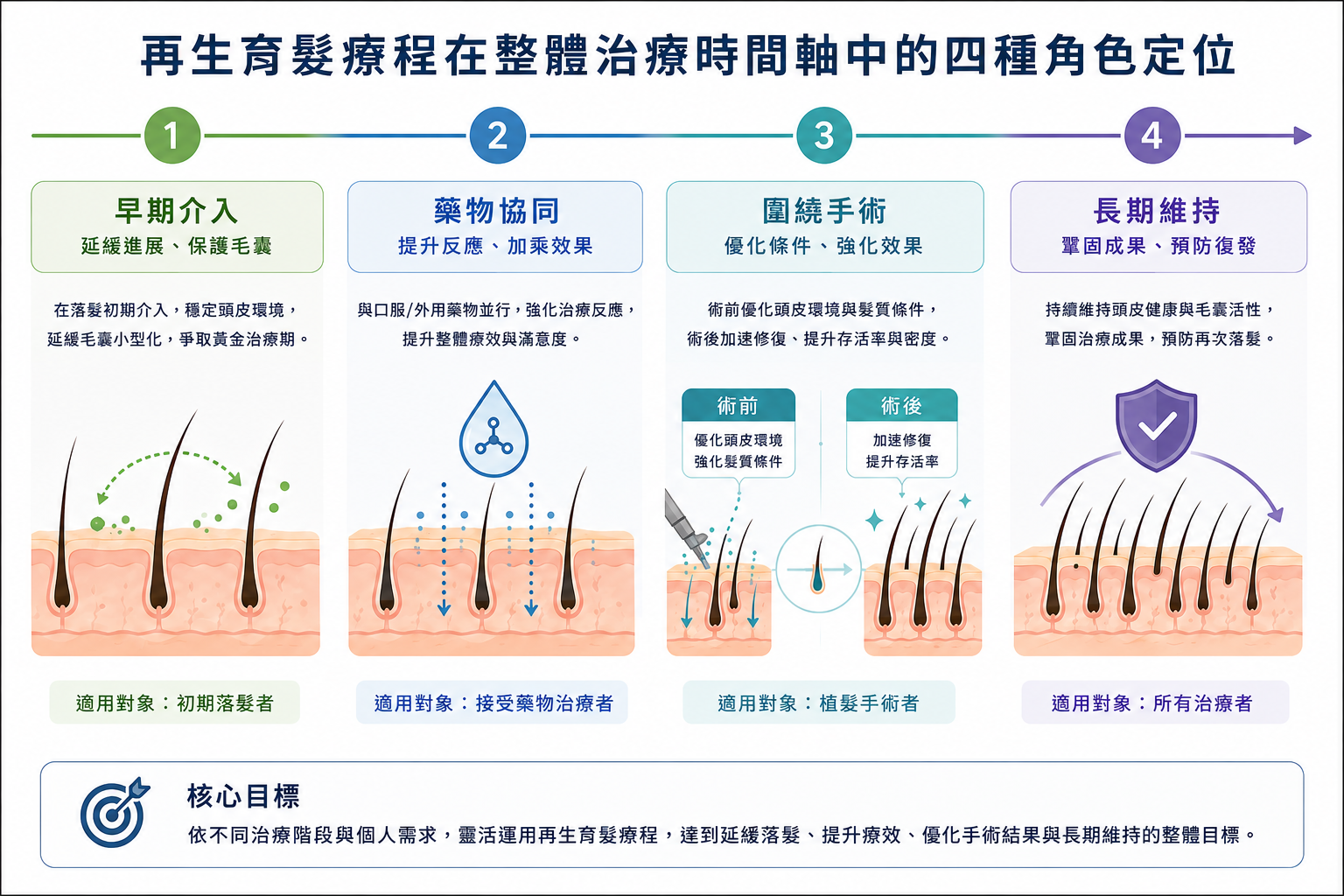 圖：再生育髮療程在整體治療時間軸中的四種角色定位示意圖