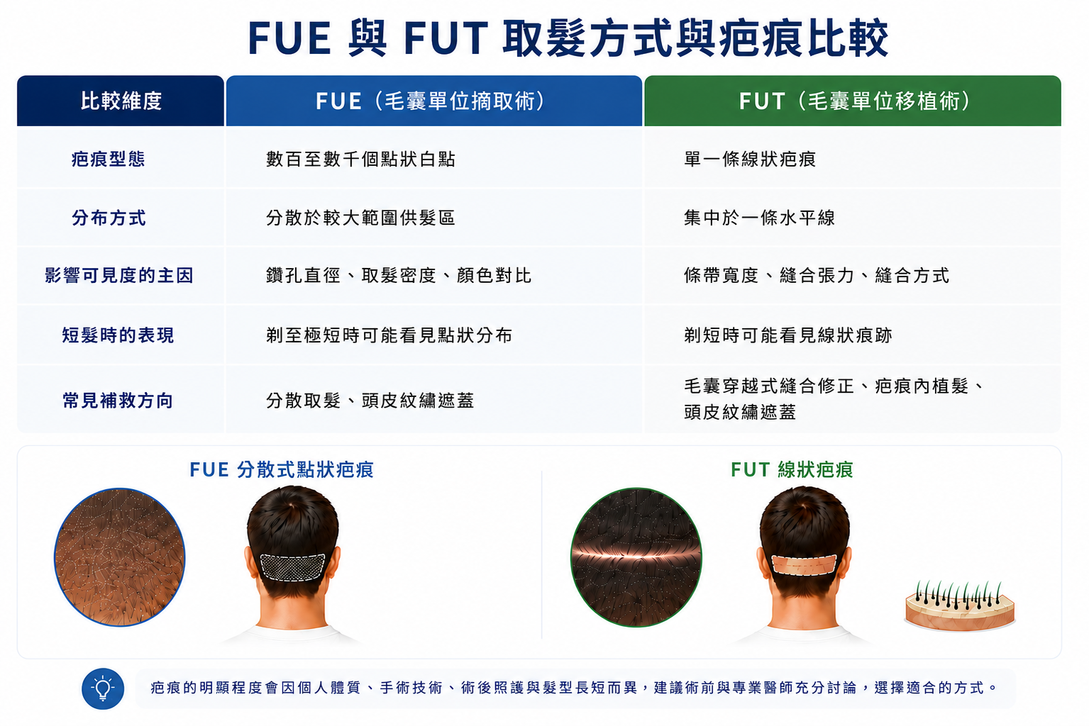 圖：FUE 與 FUT 取髮方式與疤痕比較