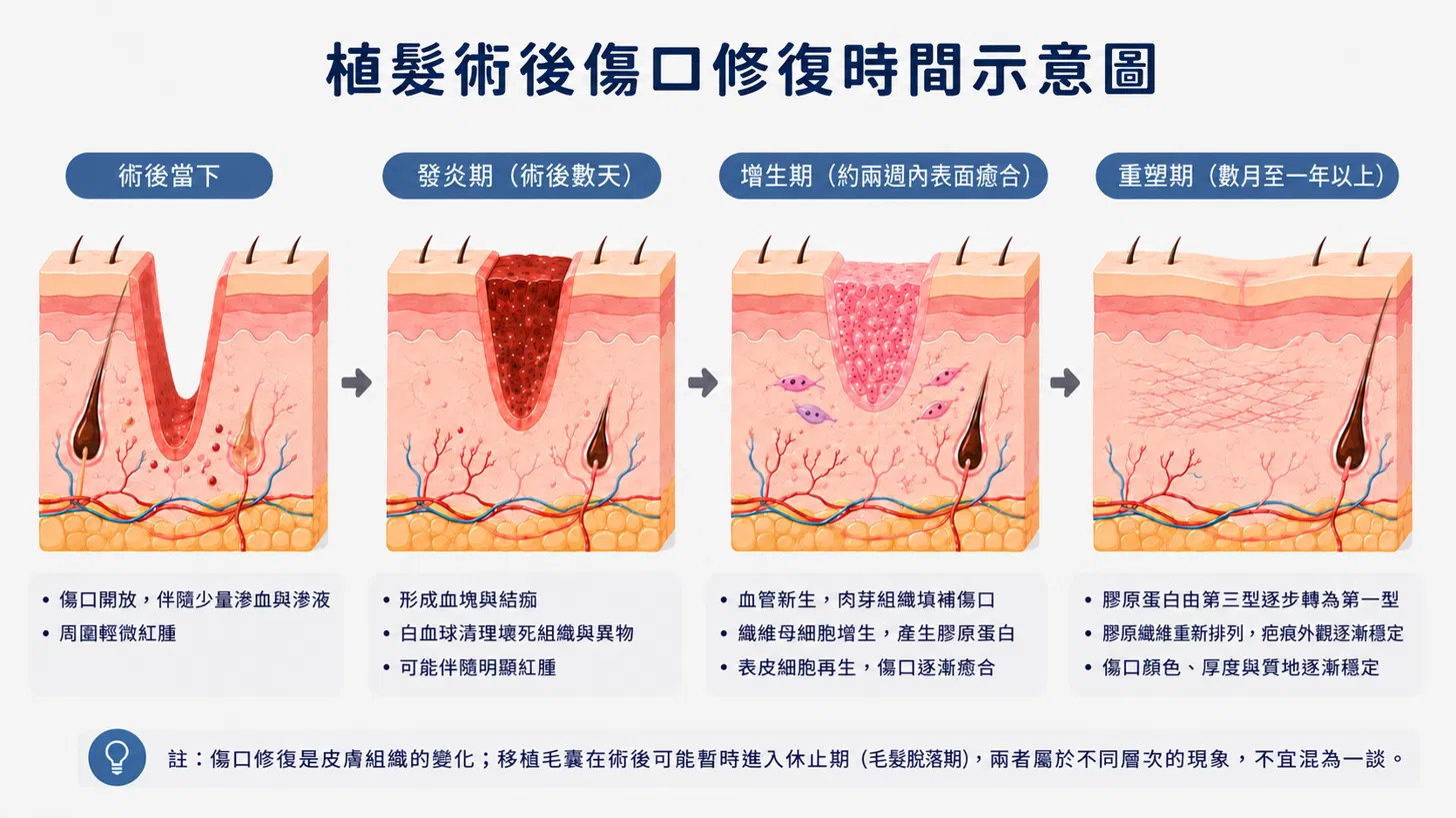 圖：植髮術後傷口修復時間示意圖