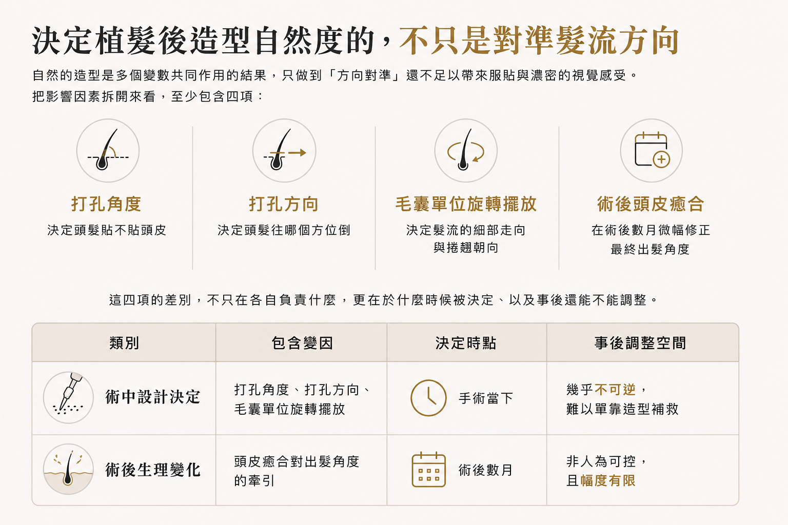 圖：植髮造型四項變因的決定時點與事後調整空間對照表