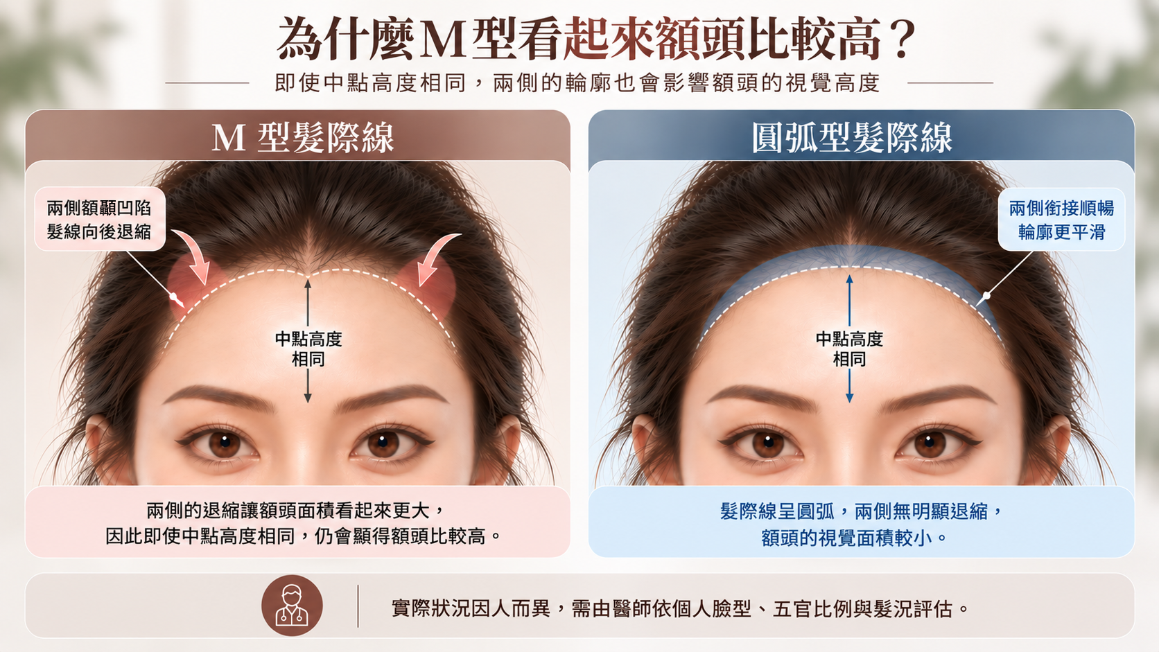 圖：M 型與圓弧型髮際線視覺高度差異示意圖