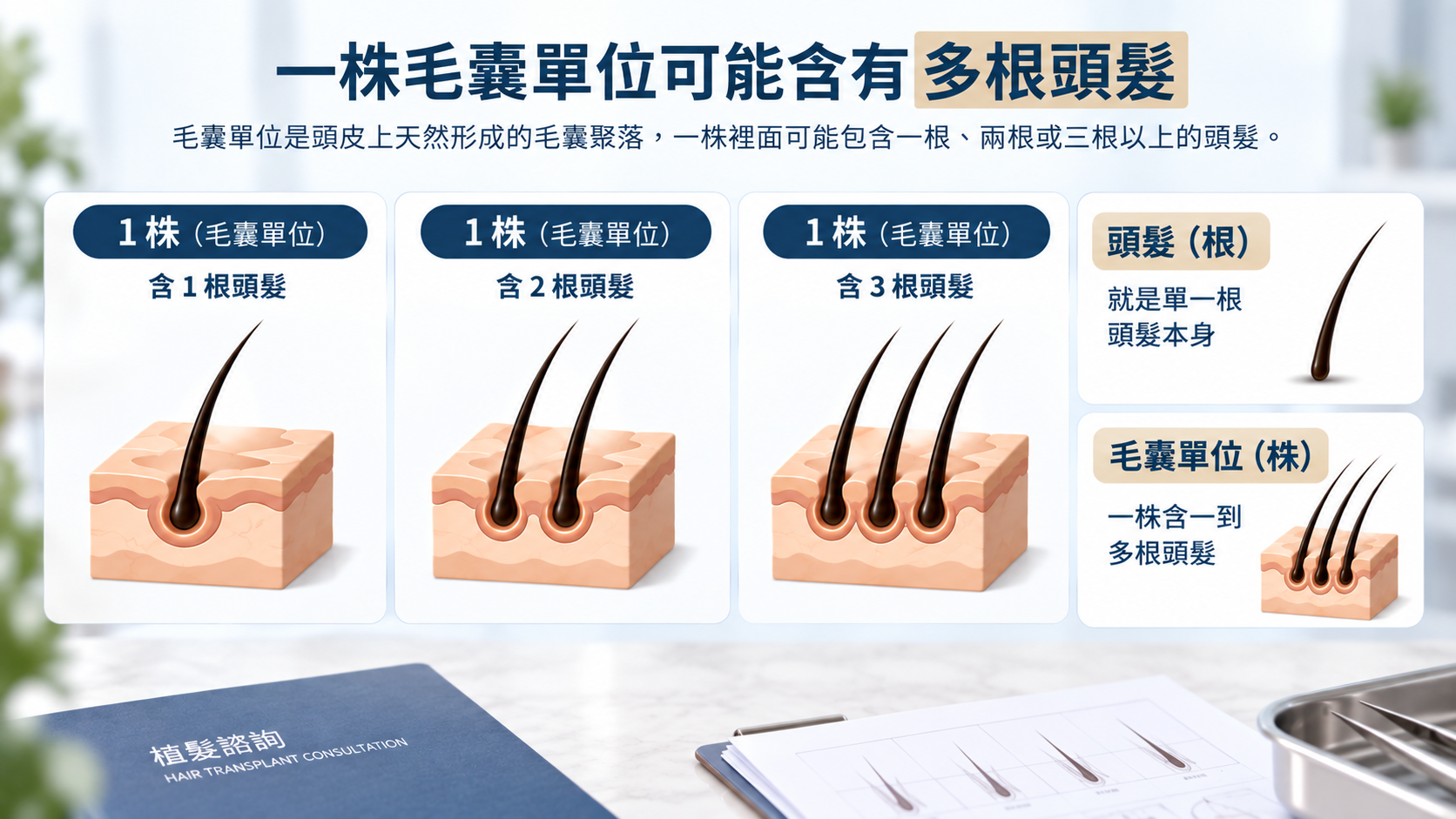 圖：一株毛囊單位與頭髮根數的結構對照