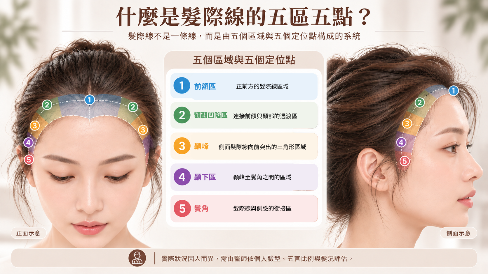 圖：女性髮際線的五區五點示意圖