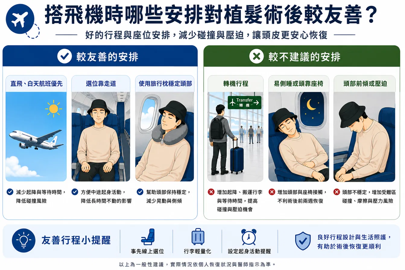 圖：植髮術後搭機行程安排對照圖