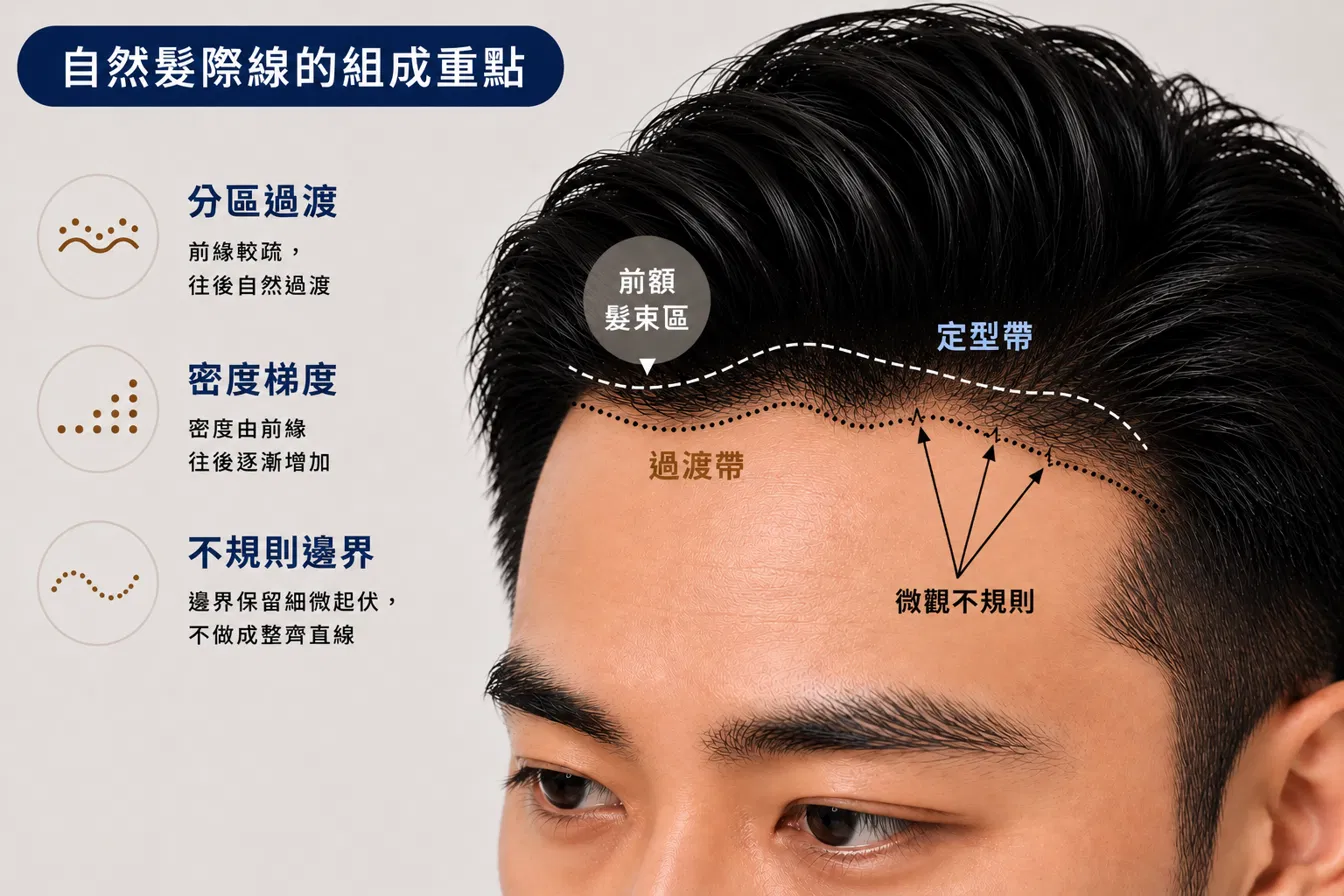 圖：自然髮際線的分區與邊界設計示意圖