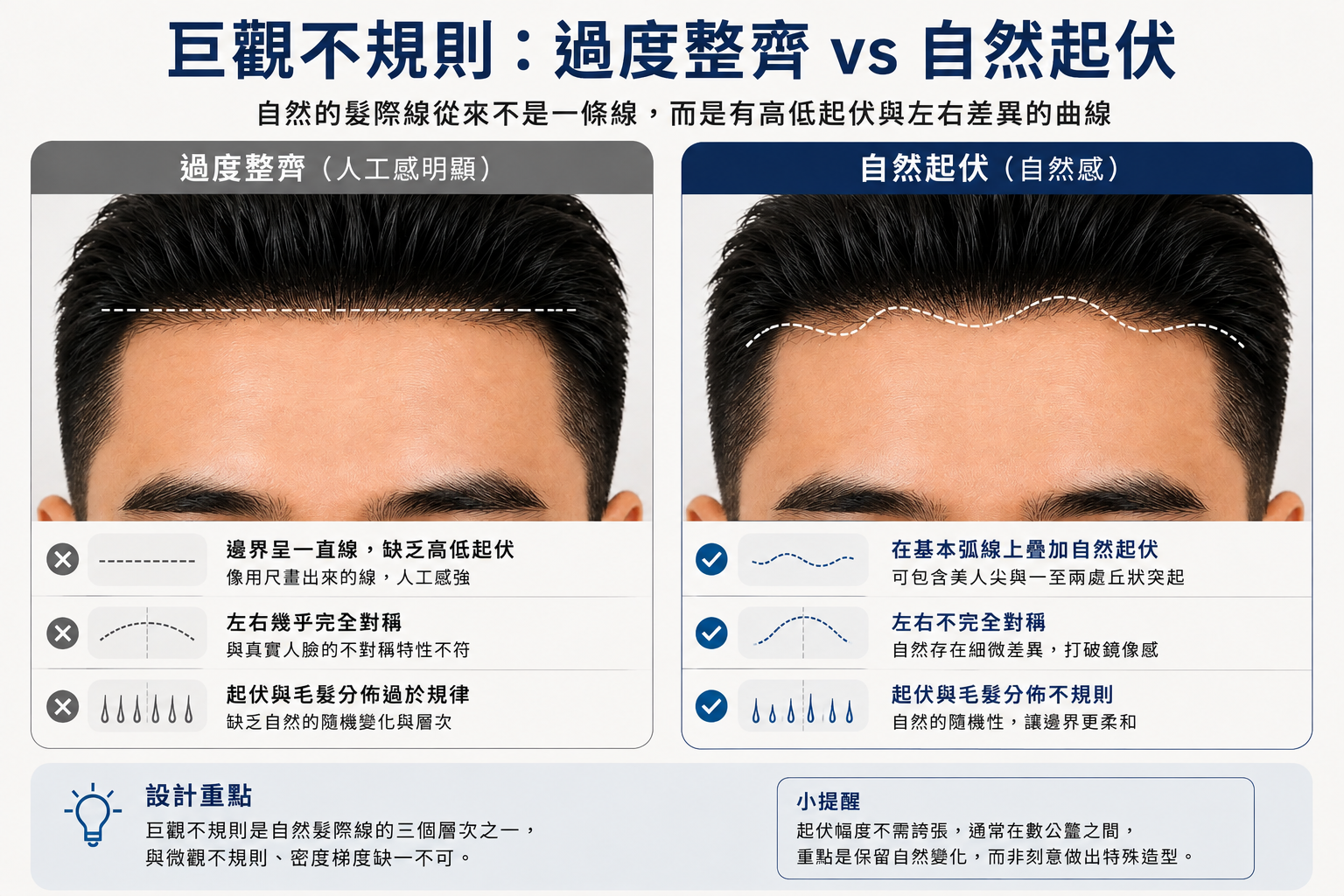 圖：過度整齊與自然起伏的髮際線對照圖