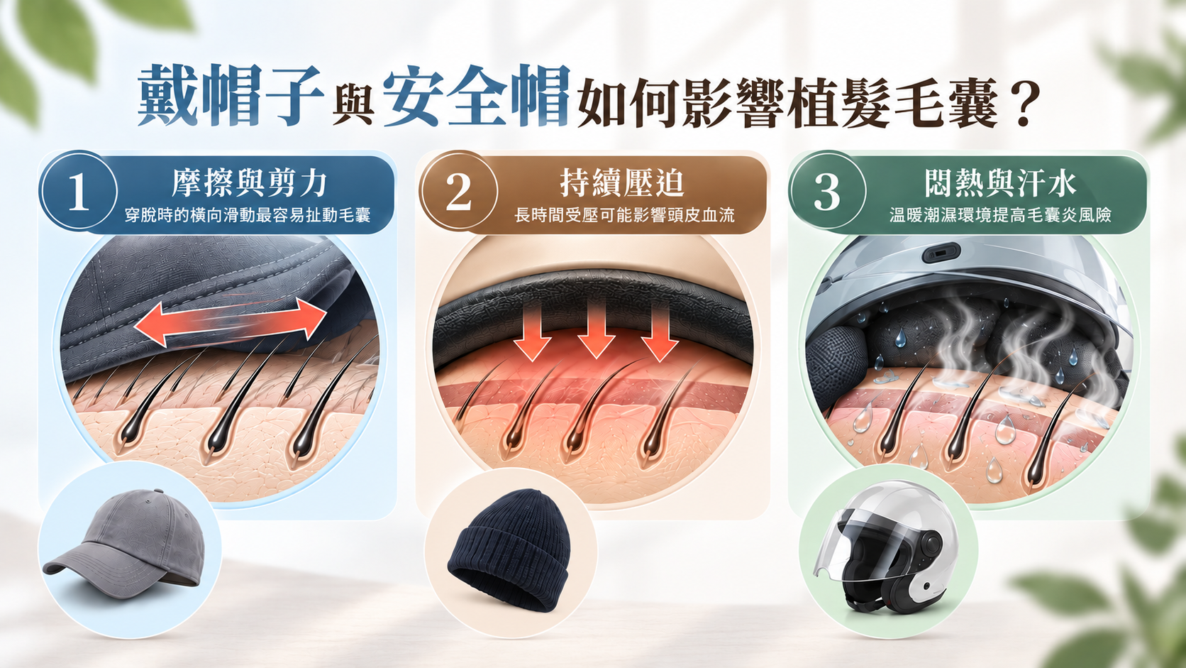 圖：植髮後戴帽子對毛囊的影響示意圖