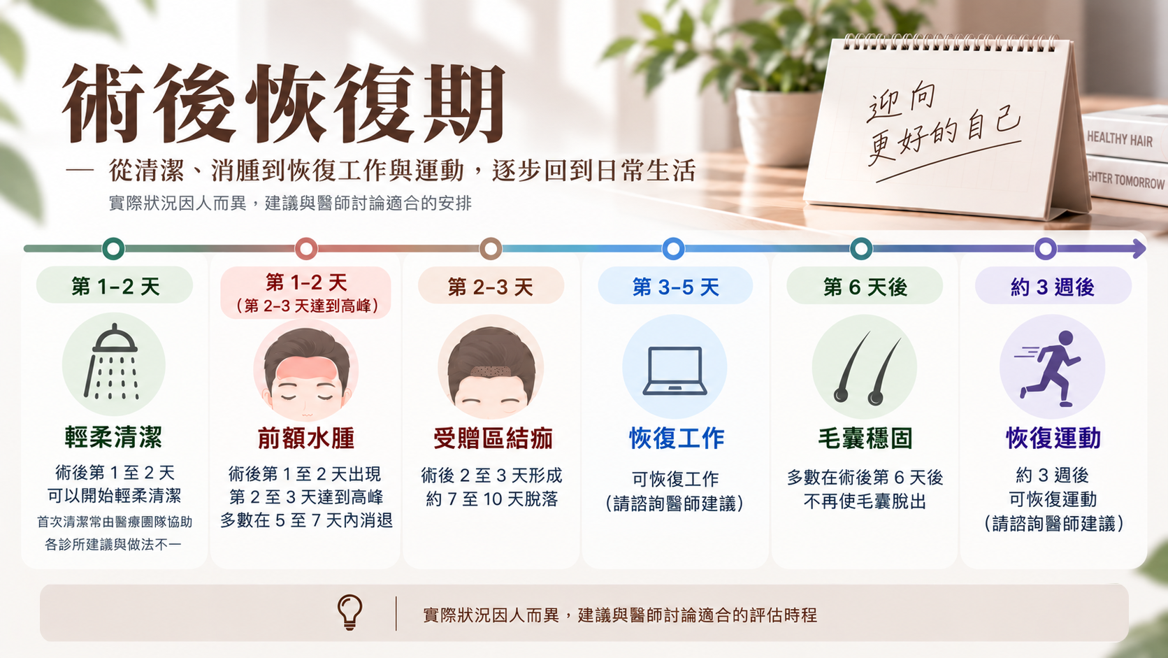 圖：植髮術後恢復期時程示意圖