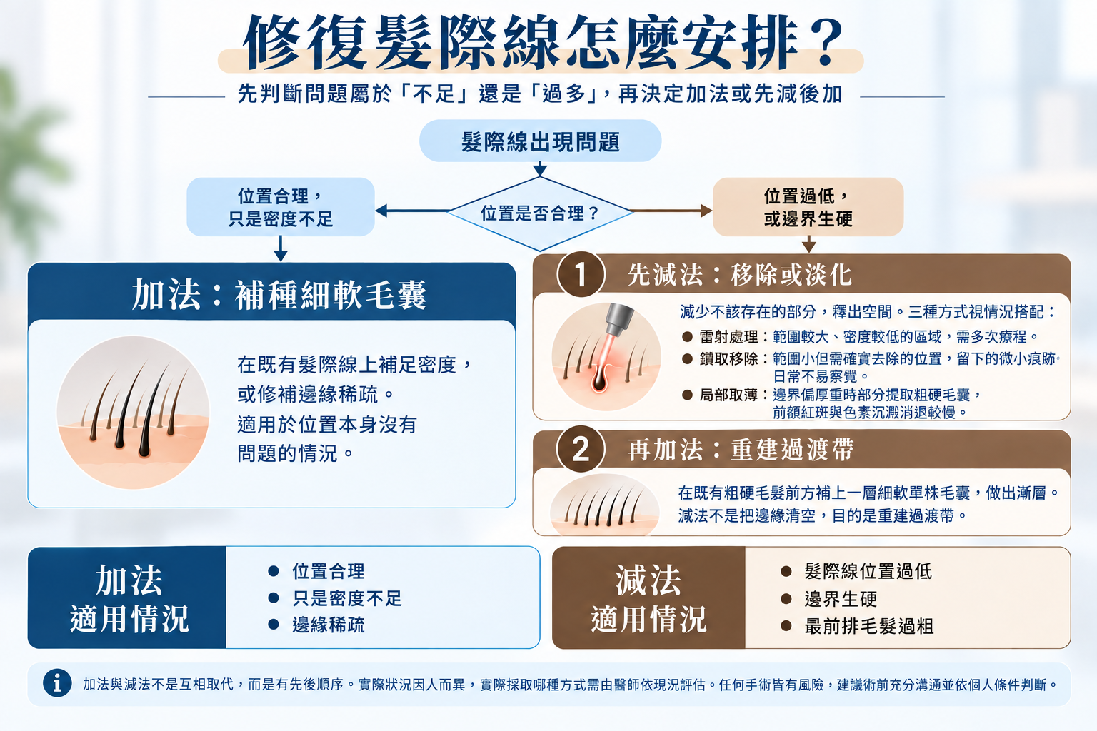 圖：髮際線修復的加法與減法選擇流程示意圖